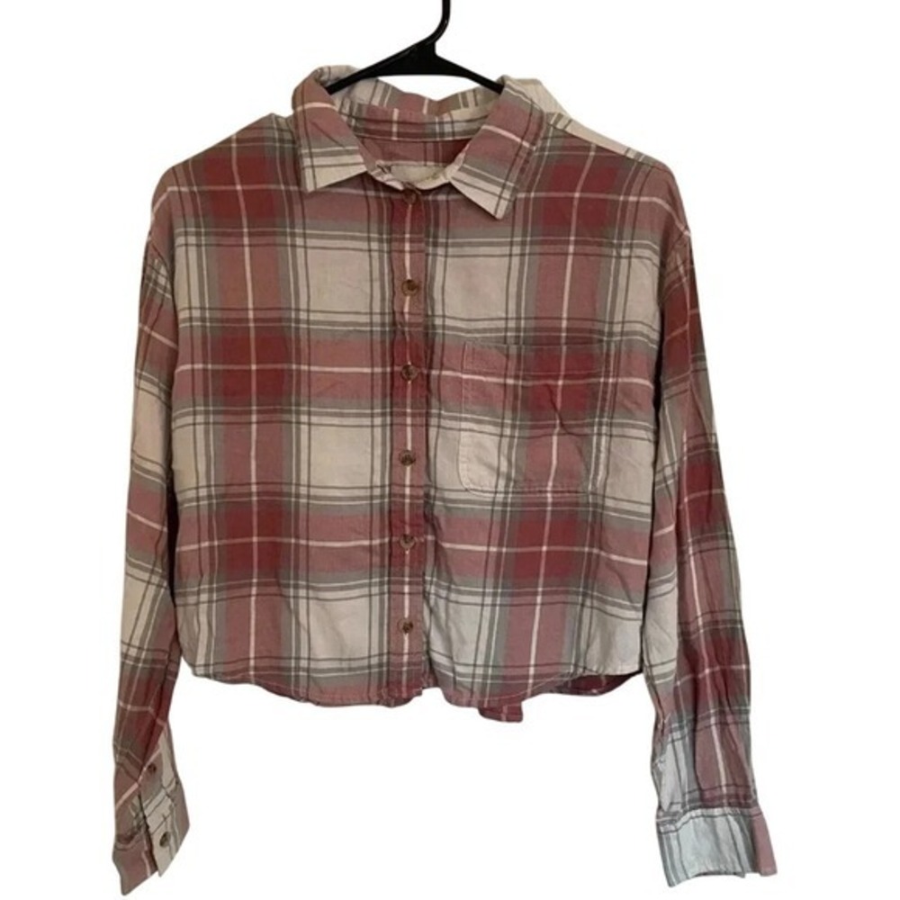 American Eagle Flannel Shirt Crop Top Plaid Button Up Long Sleeve Small